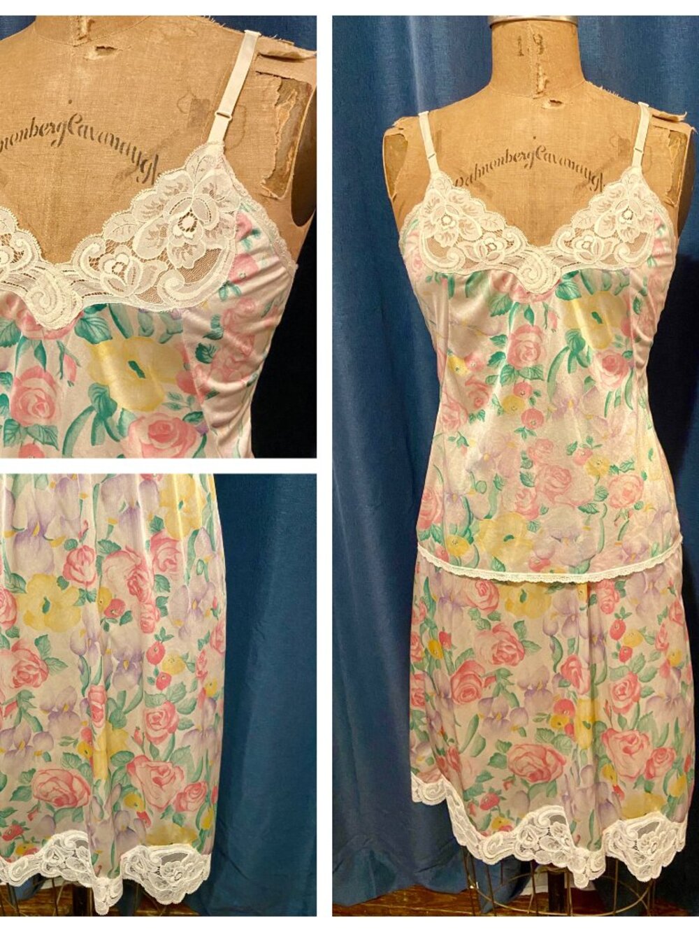 Vintage Vanity Fair Floral Camisole and Half Slip Set White Lace Trim S 34